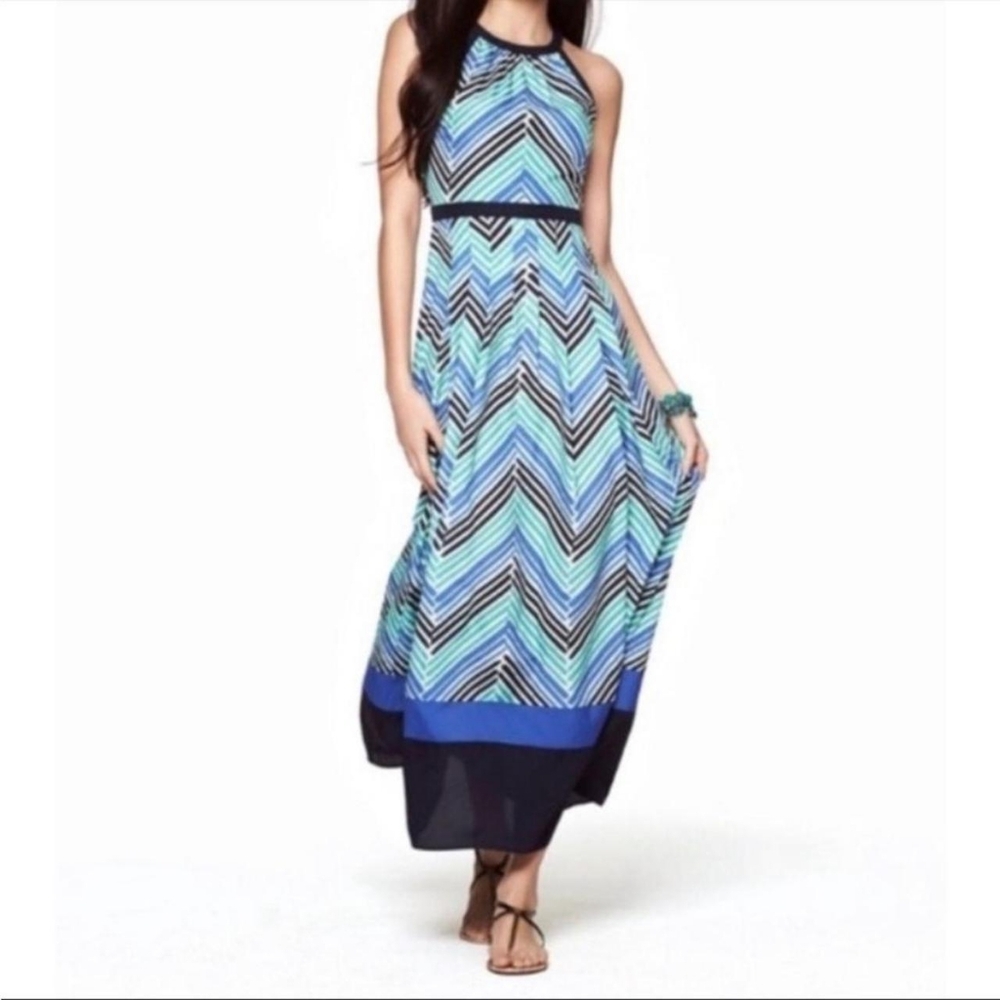 Ann Taylor Size 2 Blue Black Chevron Maxi Dress